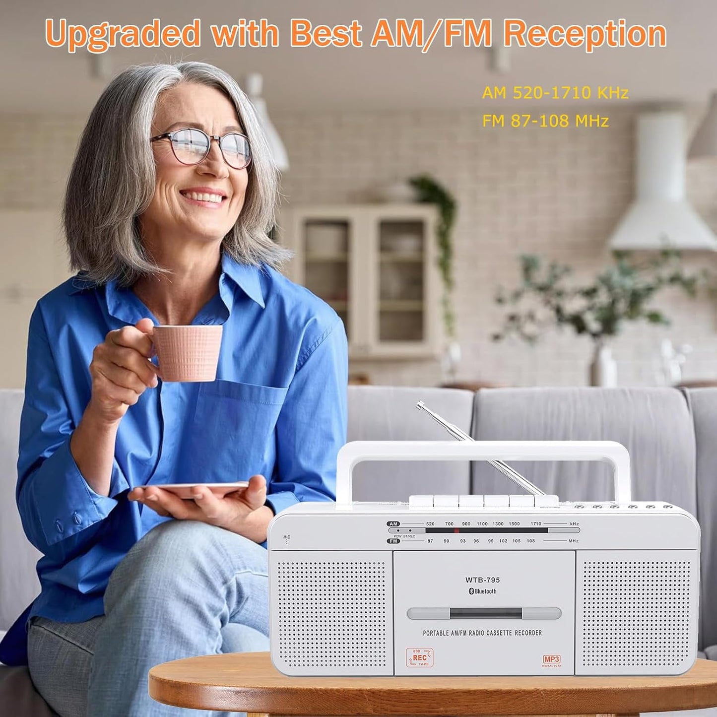 WISCENT Cassette Cassettes/USB Mic,Cassette MP3 Player Boombox, Portable AM/FM Radio Stereo with Bluetooth, USB, Dual