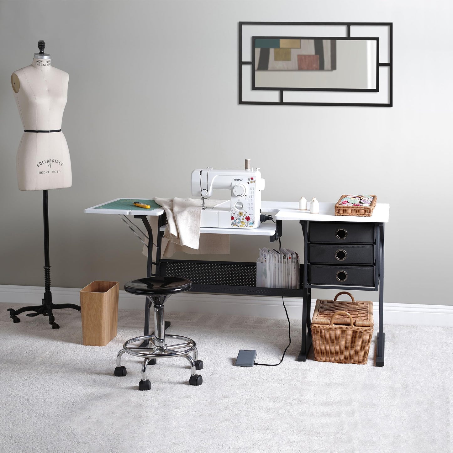 Sew Ready Eclipse Hobby Sewing Table, 60.25 x 23.75" Overall Platform Size with Large Lower Storage Drawer, 2 Side Shelves & Cloth Drawer, Black/White