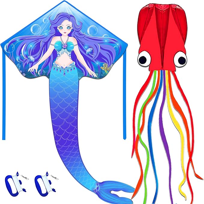 HONBO Large Mermaid Kite for Kids & Adults, Easy to Fly Delta Kite, Beginner Kite for Girls &Boys, Pegasus Beginner Kite for Kids,Octopus Kite