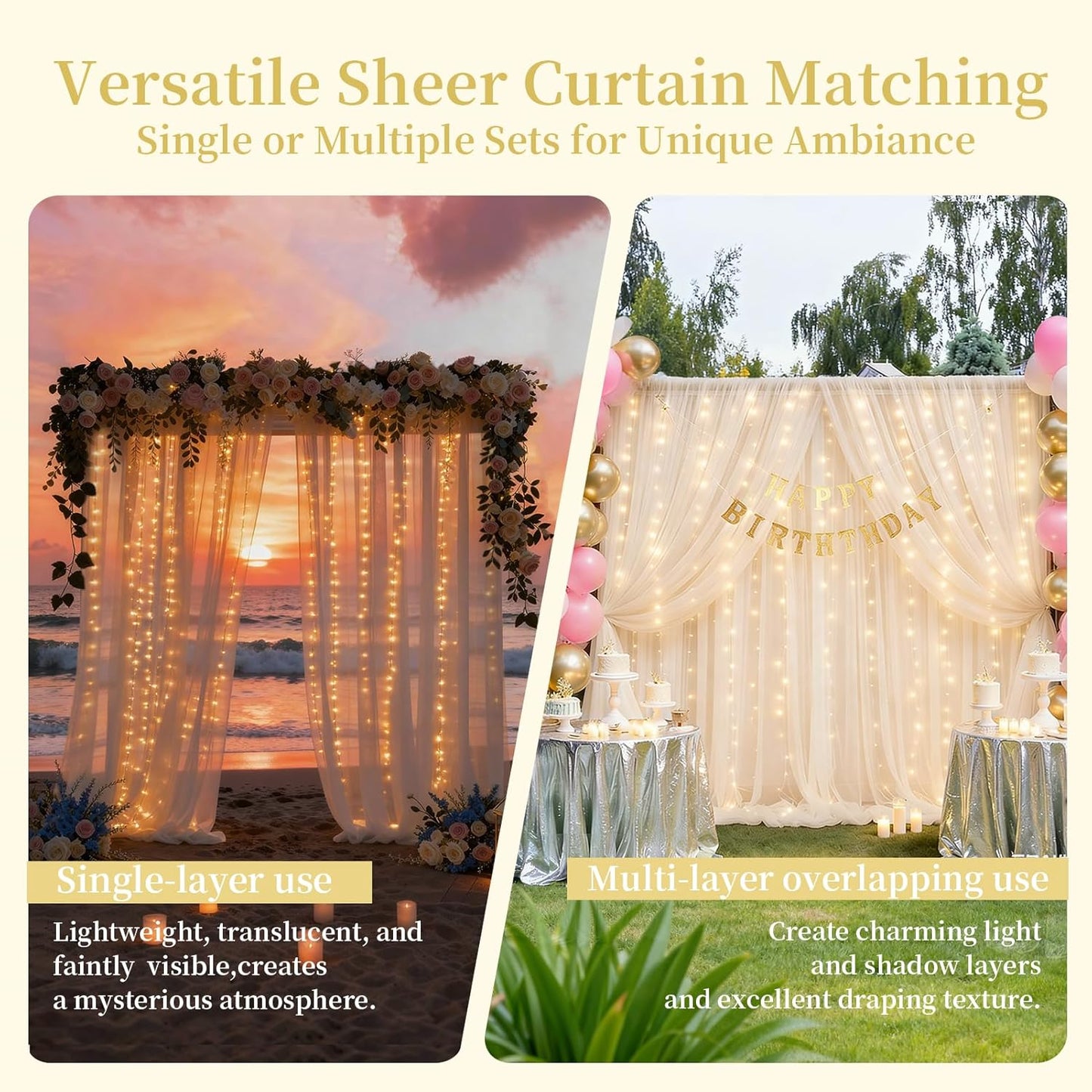 EMART 10x10ft Champagne Tulle Backdrop Curtains with Lights String,Sheer Backdrop Curtains for Wedding, Baby
