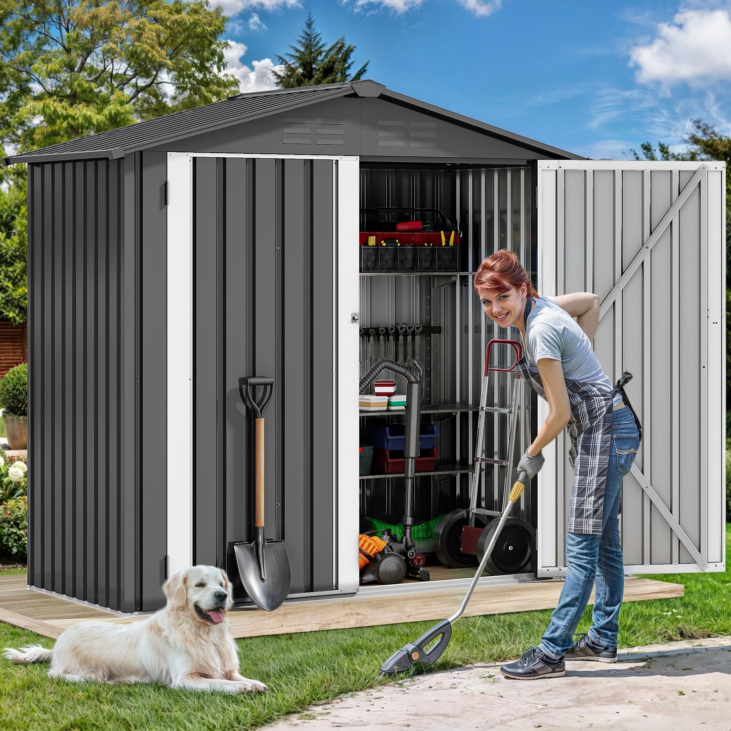 DWVO 6x4ft Tool Storage Shed, Lockable Doors, and Sloped Roof, Steel Outdoor Storage Shed for Garden, Patio, Garage, Backyard, Lawn - Dark Gray