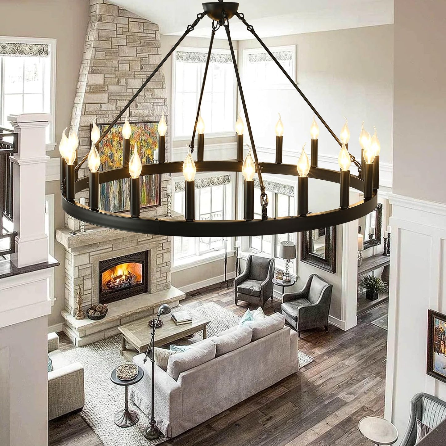 ZBMYRBZJ Black Wagon Wheel Chandelier 40 inch,20-Light Farmhouse Wagon Wheel Chandeliers Round Industrial Ceiling Light fixtures for Porch high Ceilings Living Dining Room Foyer Entryway