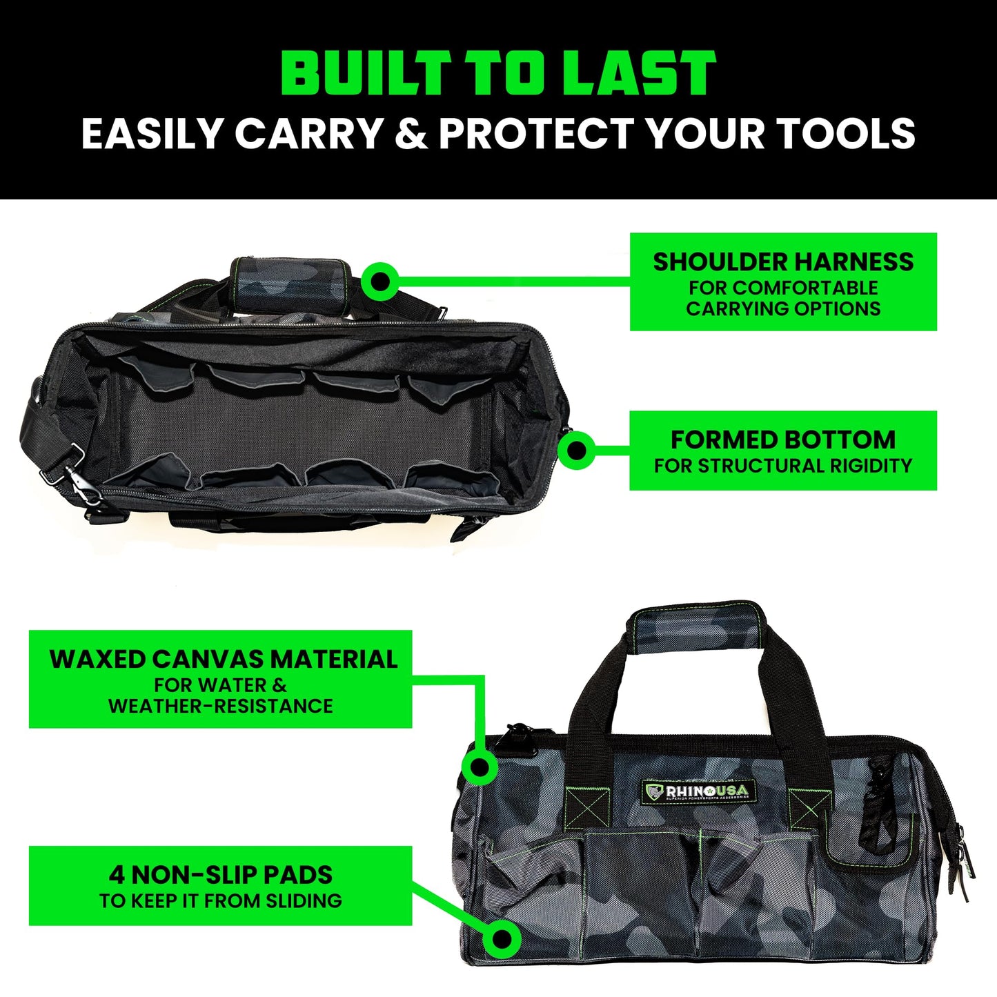 Rhino USA Tool Bag (18-Inch) Heavy Duty Wide Mouth Tool Tote with Zipper for Men - Large Tools Bags with Extra Side Storage Pockets, Reinforced Shoulder Strap & Upgraded Metal Clips (Camo)