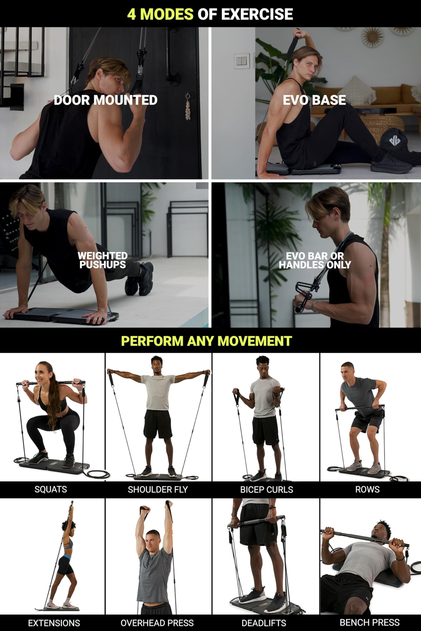 EVO Gym - Portable Home Gym Strength Training Equipment, At Home Gym | All in One Gym - 6 Resistance Bands, Base Holds Gym Bar & Handles for Travel | Portable Gym & Home Exercise Equipment | 120LBS