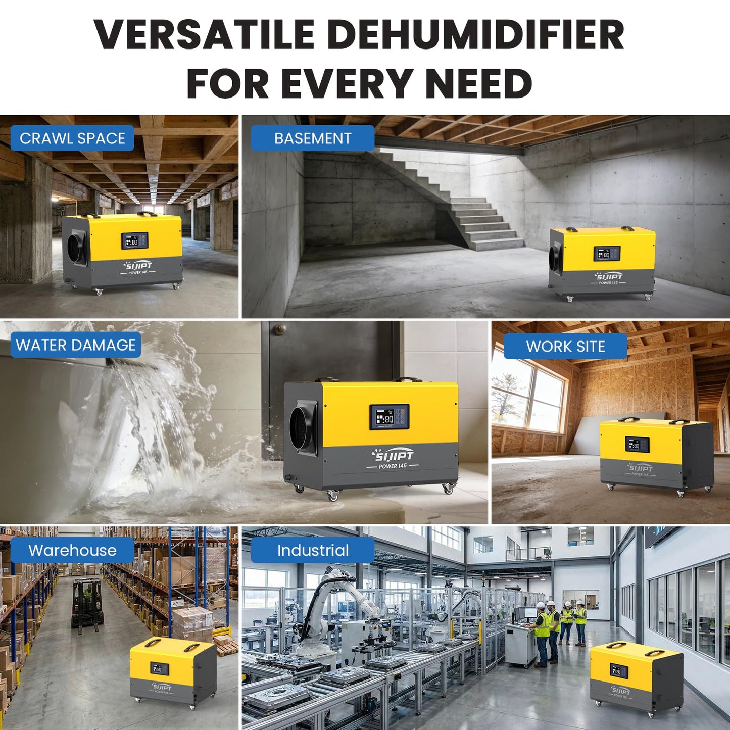 145 Pints Commercial Dehumidifier with Pump & Drain Hose for Crawl Spaces, Basement, Industry Water Damage Unit, Up to 6000 Sq Ft, Automatic Defrost, Adjustable Humidity Control, Compact, Portable