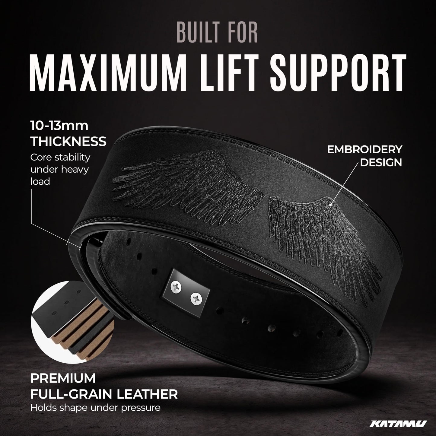 Katamu Premium Leather Lever Weightlifting Belt – Secure Steel Lever, Powerlifting Support for Deadlifts, Squats & Heavy Lifts (Black Out Wings, XX-Large)