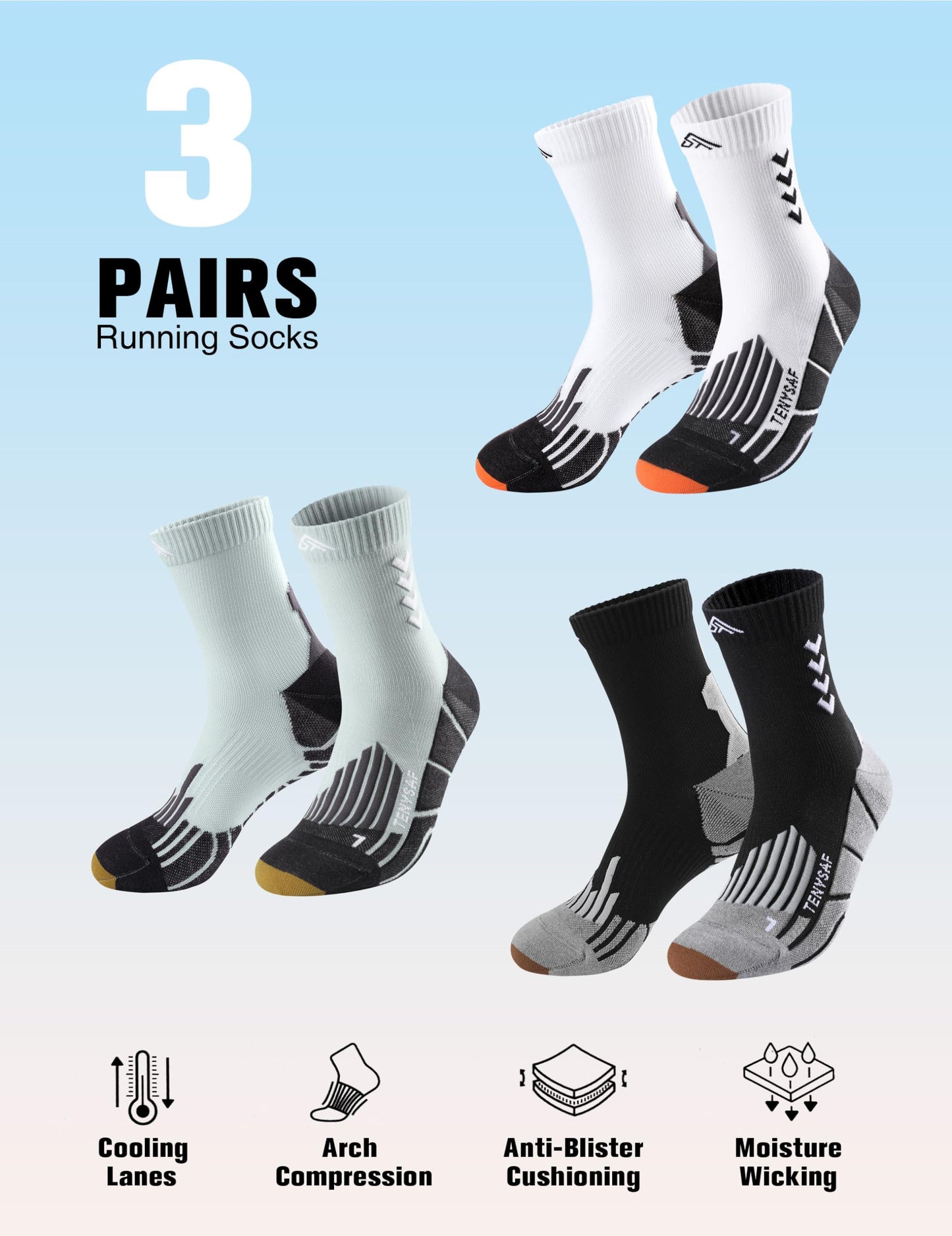 TENYSAF Compression Crew Running Socks: Athletic Socks for Men Women with Cushion,3 Pairs Work Hiking Basketball Sport Socks