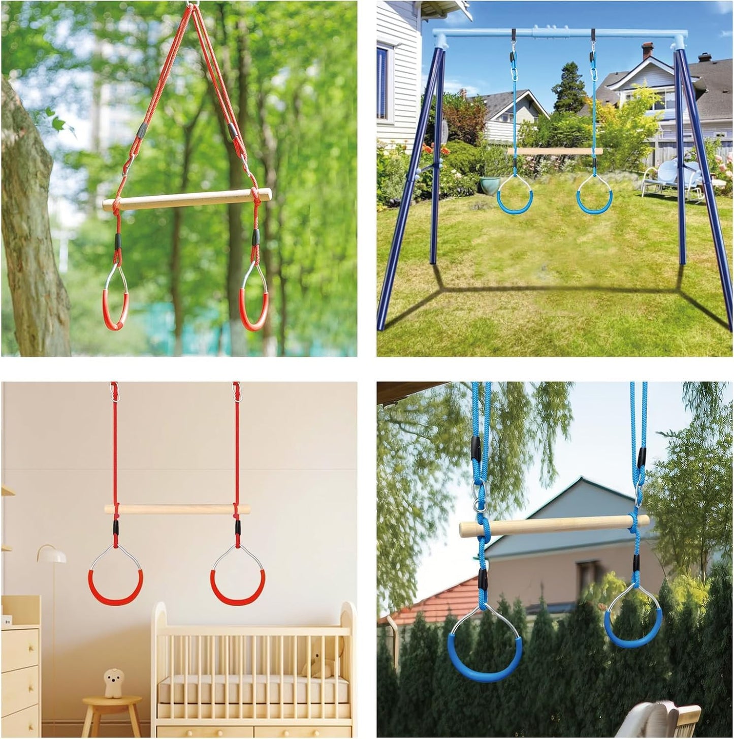 Nets Tribe Trapeze Swing Bar with Gymnastic Rings Warrior Accessories for Obstacle Course Monkey Bars for Indoor Outdoor Garden, Backyard, Playground, Playroom, Red, Wood