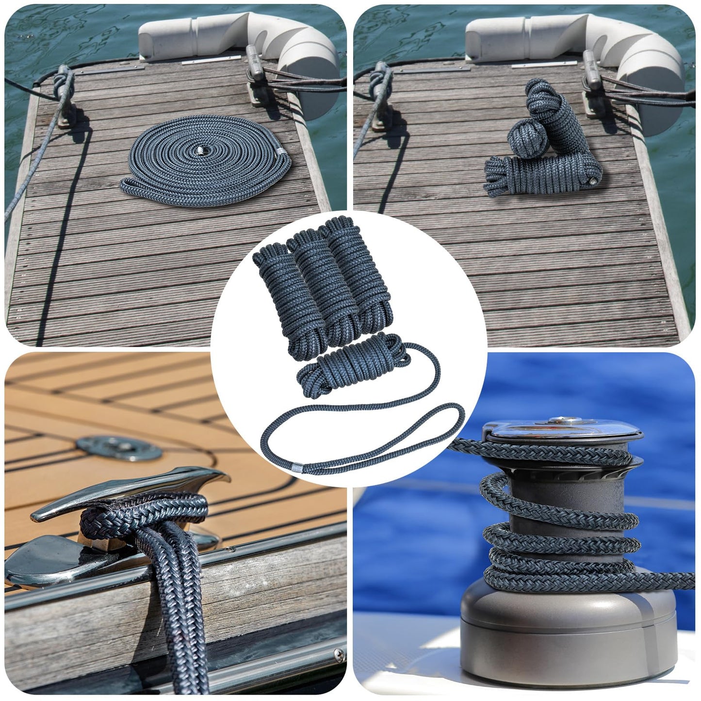 PropelTech 4 Pack 3/8" x 15’ Boat Dock Lines for Boat & Pontoon, Premium Marine- Grade Double Braided Nylon Dock Line, Pre-Spliced with a 12" Eyelet-Navy Blue,Boating Gifts for Men