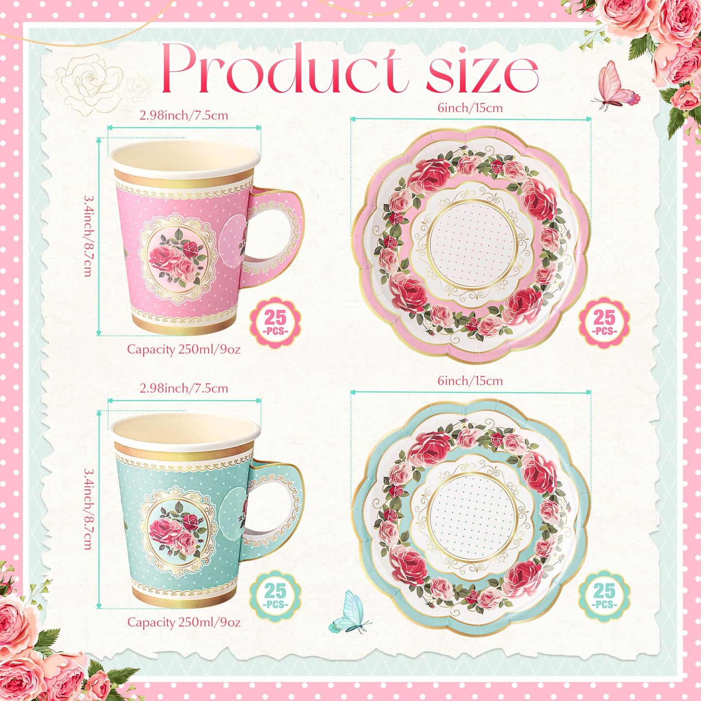 Tioncy 100 Pcs Tea Party Decorations Include 50 Pieces 9 oz Paper Tea Cups with Handle and 50 Plates Disposable Teacups and Saucers Sets for Birthday(Pink and Blue Floral)