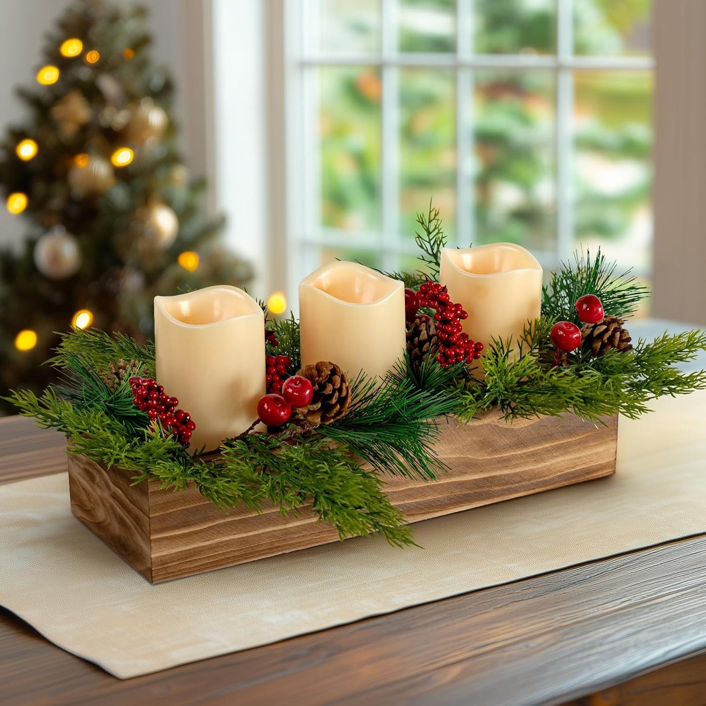 Skiennix Christmas Candle Holder Centerpiece - 3 Flameless Candles with Pine Cones & Red Berries