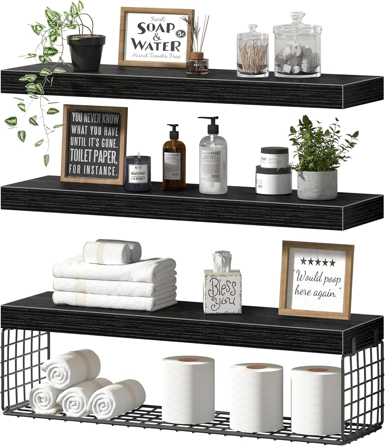 QEEIG Floating Bathroom Shelves - 24-Inch Wall Storage for Toilet Paper | Set of 3, Black