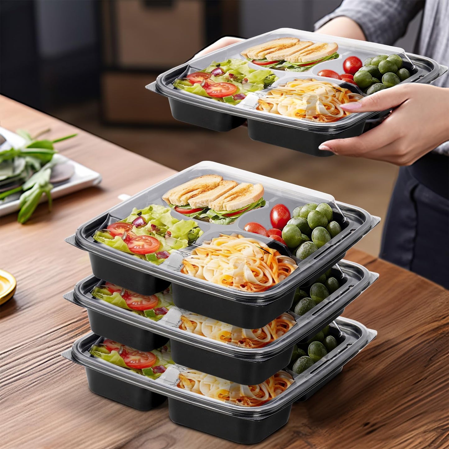 Noamus 30 Pack (60-Pcs) Meal Prep Containers, 4 Compartment Bento Lunch Box with Lid, Disposable Plastic Food Storage To Go, 34oz Portion Control Take Out Box for Adult, Not Microwave Dishwasher Safe