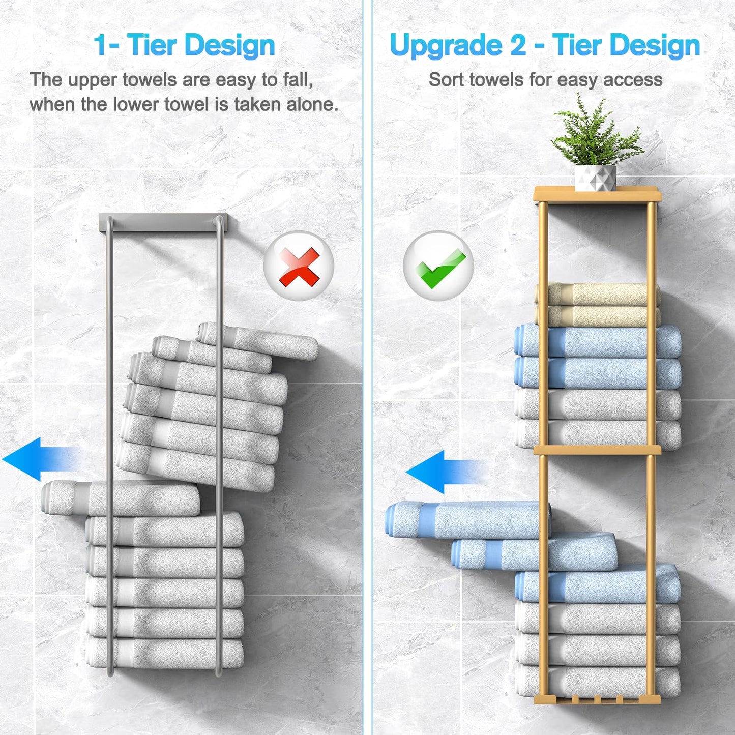 Liuoud Towel Rack for Bathroom, Wall Mounted Vertical Rolled Towel Storage Organizer Holder with Shelf, Holds Up 6 Large Bath Sheets, Gold
