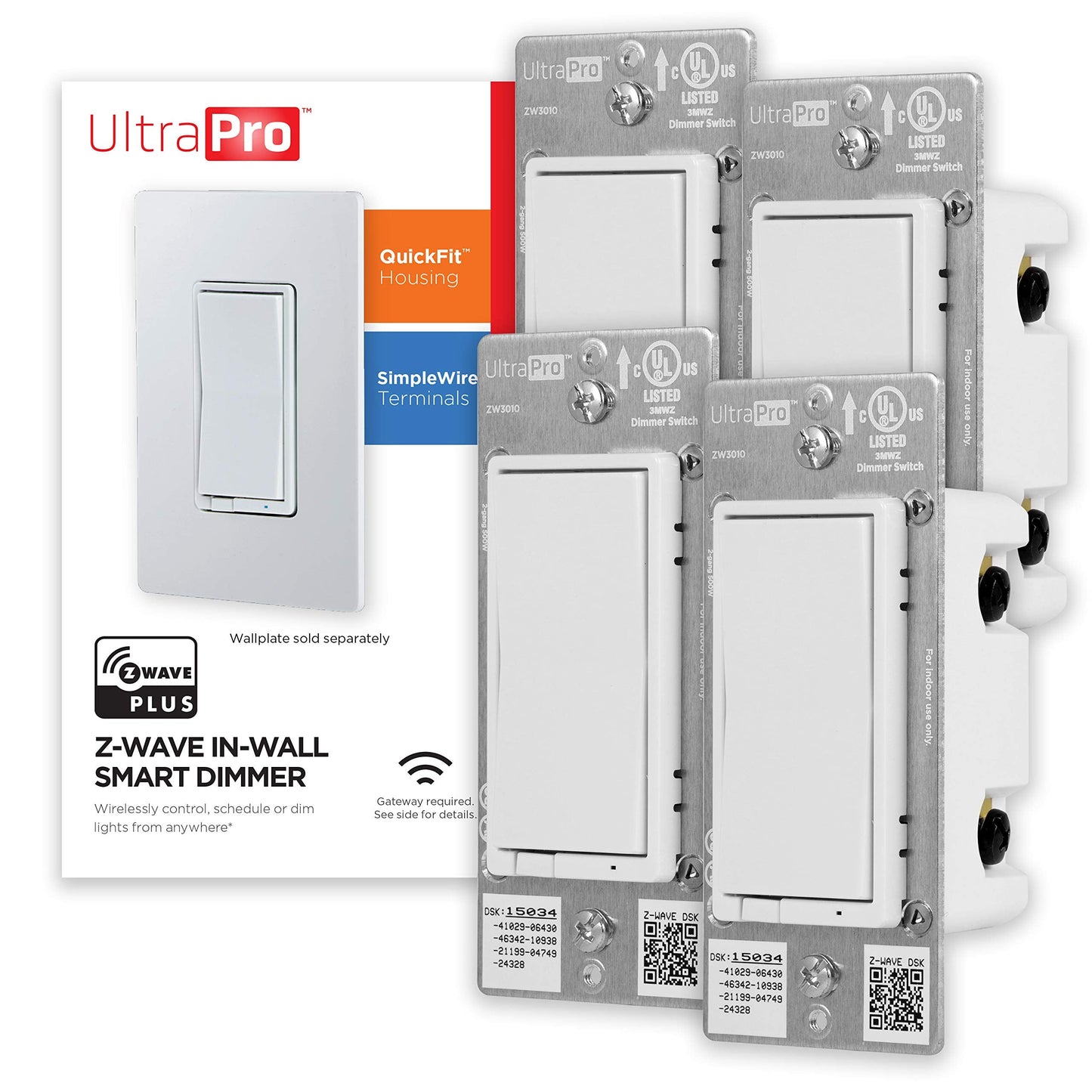 UltraPro Z-Wave Smart Light Dimmer with QuickFit & SimpleWire, 3-Way Ready, Works with Alexa, Google Assistant, ZWave Hub Required, Repeater/Range Extender, White Paddle, 4-Pack, Smart Switch, 54898