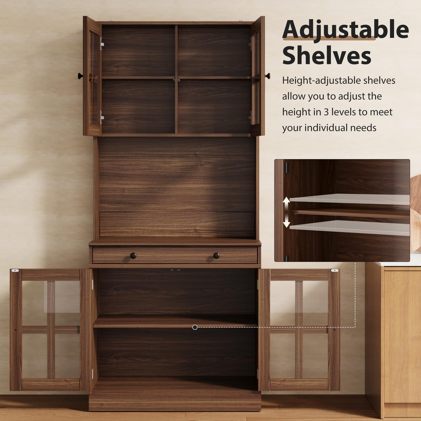 Garvee 72 Inch Kitchen Pantry Cabinet with Glass Doors, Drawer and Adjustable Shelves, Farmhouse Tall Storage Cabinet with Open Countertop, Coffee Bar Cabinet for Coffee Corner, Walnut