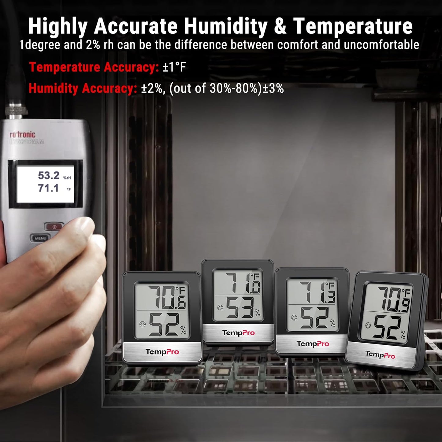 TempPro Digital Hygrometer - Accurate Indoor Thermometer & Humidity Meter | Mini Black Weather Station