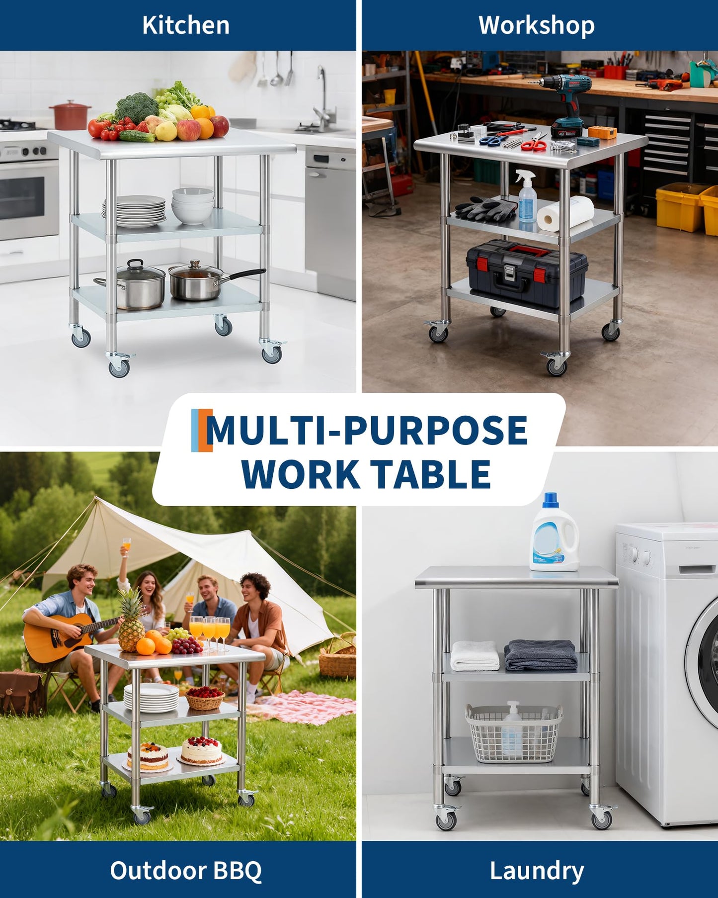 Garvee Stainless Steel Table for Prep & Work, 24x30x34 Inch Commercial Kitchen Worktable with 4 Caster Wheels & 2 Adjustable Under Shelf, Heavy Duty Metal Food Prep Table for Restaurant Garage Outdoor