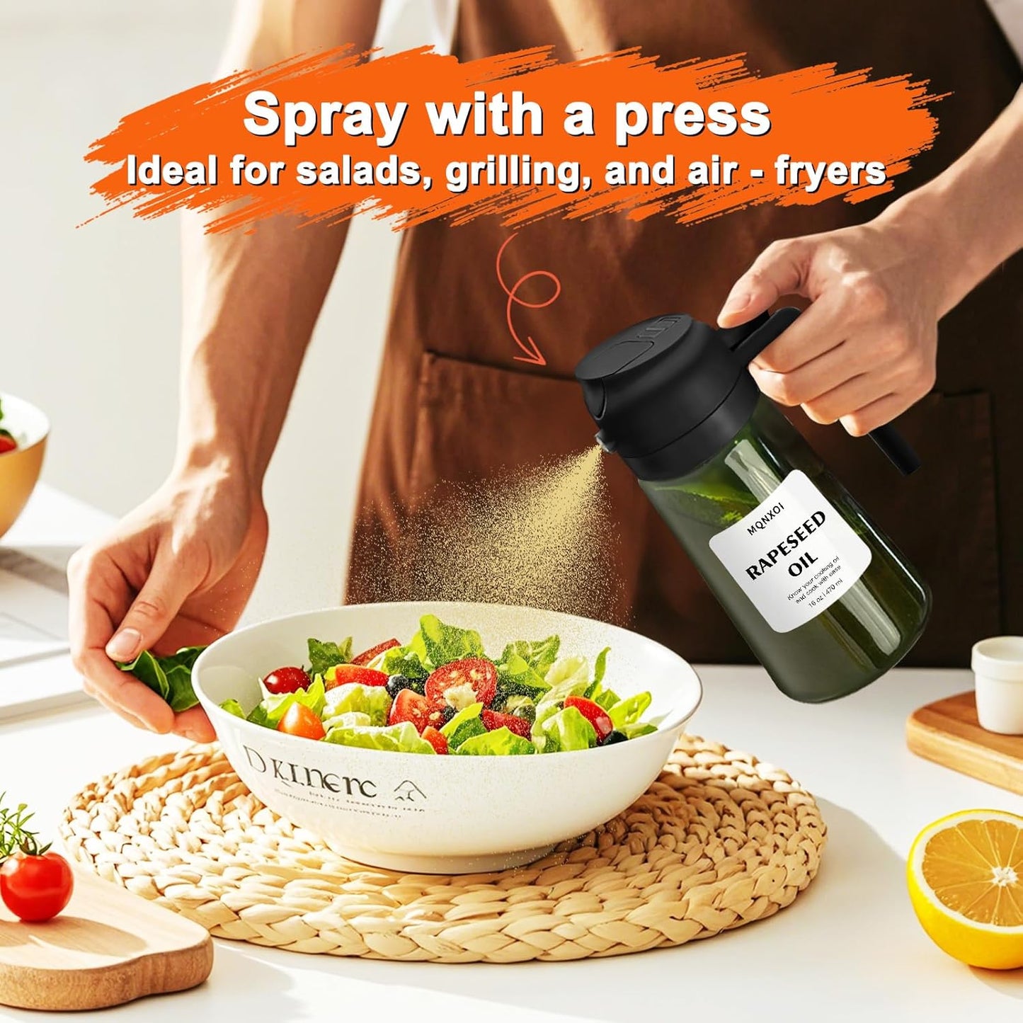 Skiennix 2-in-1 Glass Oil Sprayer & Dispenser - 16oz Olive Oil Bottle for Cooking & Salad | White & Dark Green