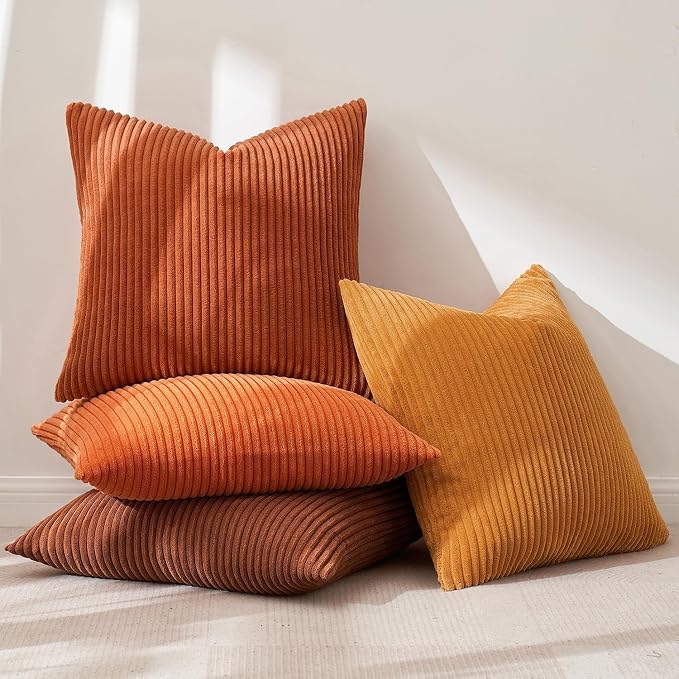MIULEE Boho Farmhouse Throw Pillow Covers 18x18 Inch Set of 4 Mordern Nordic Cushion Covers Soft Corduroy Home Decor for Couch Bed Sofa Living Room Orange Rust