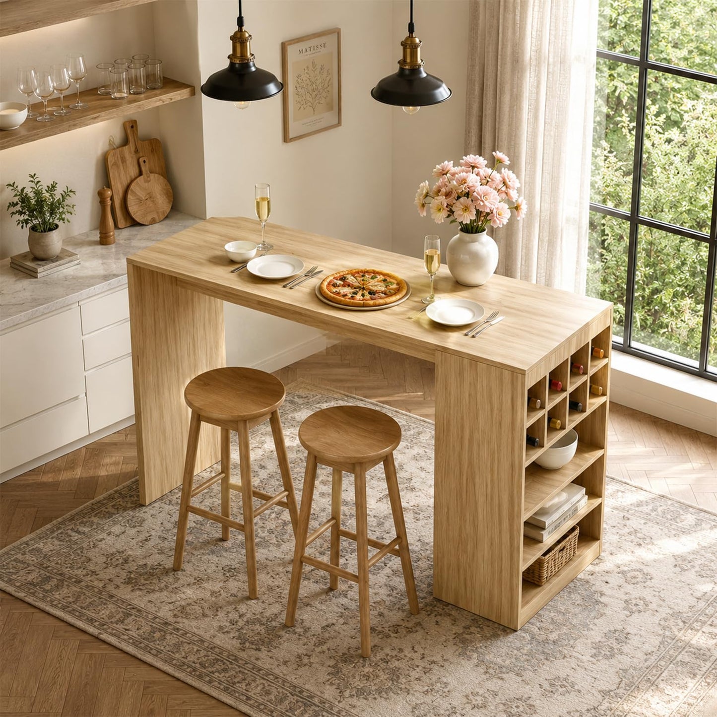LHIUGE Kitchen Island with Storage, Fluted Counter Height Table, Home Bar Tables with Wine Rack and Drawers,Mid-Century Modern Kitchen Island Table for Kitchen, Dining Room, Living Room