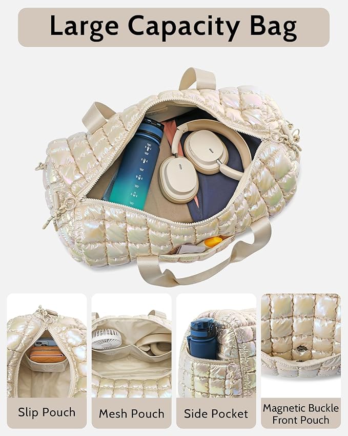 Quilted Duffel Bag for Women, Puffer Gym Duffle Bag with Shoe Compartment Lightweight Large Crossbody Sport Travel Bag Tote Beige Mermaid