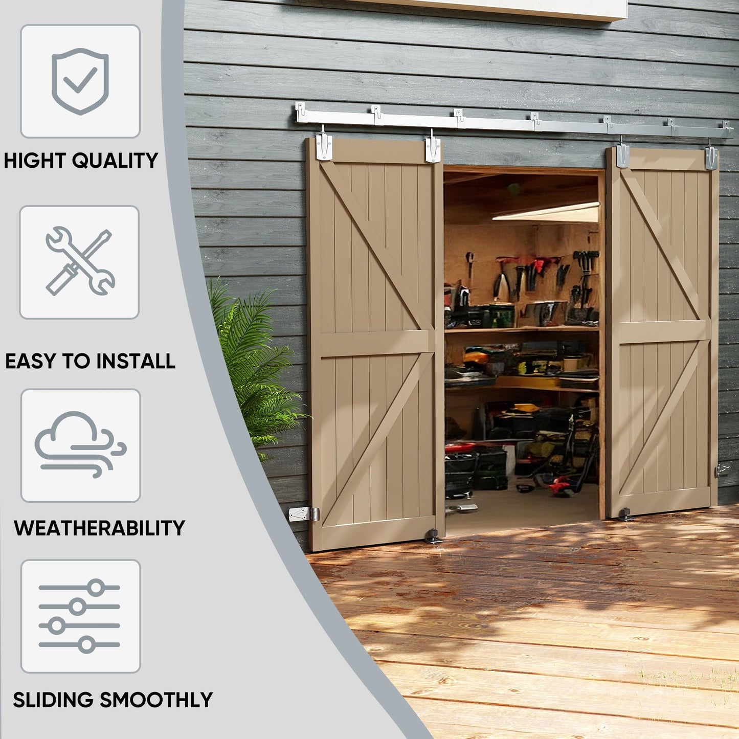 JUBEST 16FT Box Rail Exterior Barn Door Hardware Kit, Heavy Duty Sliding Door Track Kit Wall Mount Door Hardware Kit for Two Doors System(Doors Not Included), Silver
