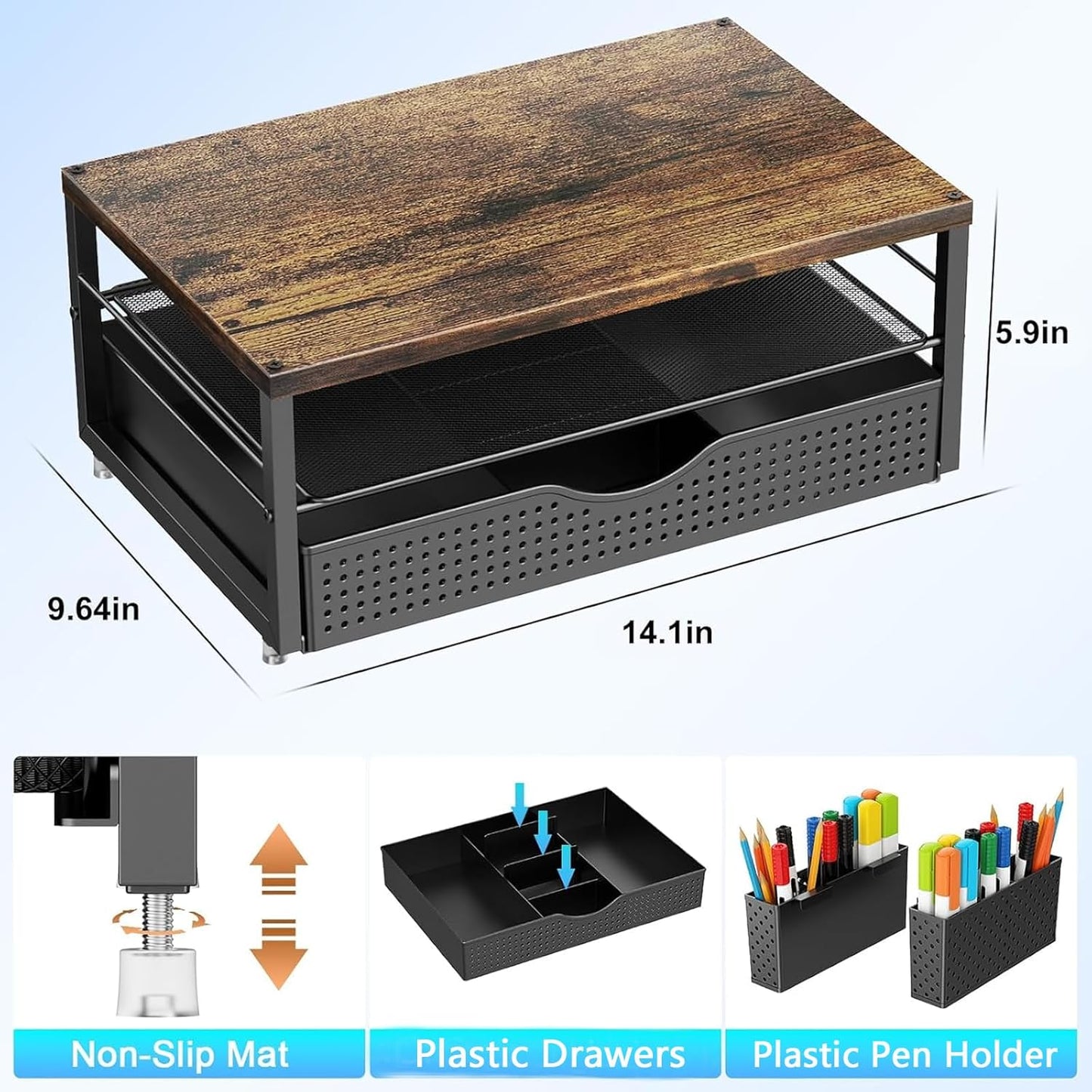 2-Tier gianotter Wood Monitor Stand Riser, Office Desk Shelf Organizer, Desk Organizer with Drawer and Pen Holder