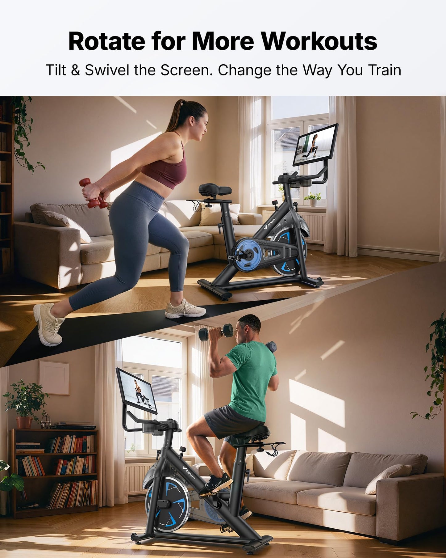 Merach Magnetic Exercise Bike with 21.5" HD Display & Auto Resistance, Low Noise Stationary Bike for Home with Comfortable Seat Cushion, Spinning Bike with Exclusive App