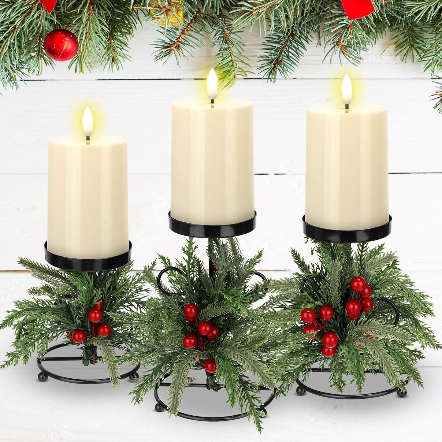 Yunlly Christmas Candle Holder Set - 3 LED Battery Operated Centerpieces | Norfolk Pine Needle Decor