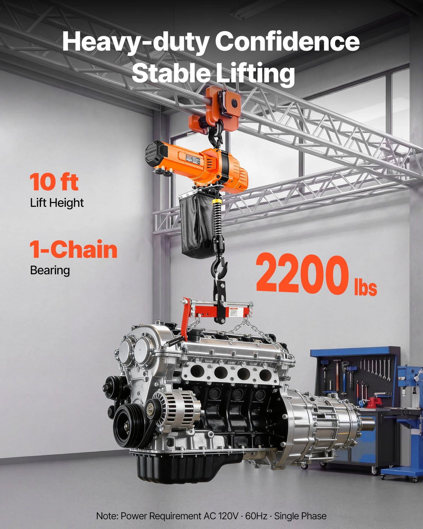 VEVOR 2200 lbs Electric Chain Hoist, 10 ft Lifting Height, 120V Single Phase Overhead Crane with 10 ft Wired Remote Control, G100 Chain Electric Lift Hoist for Factories, Warehouses, Garages