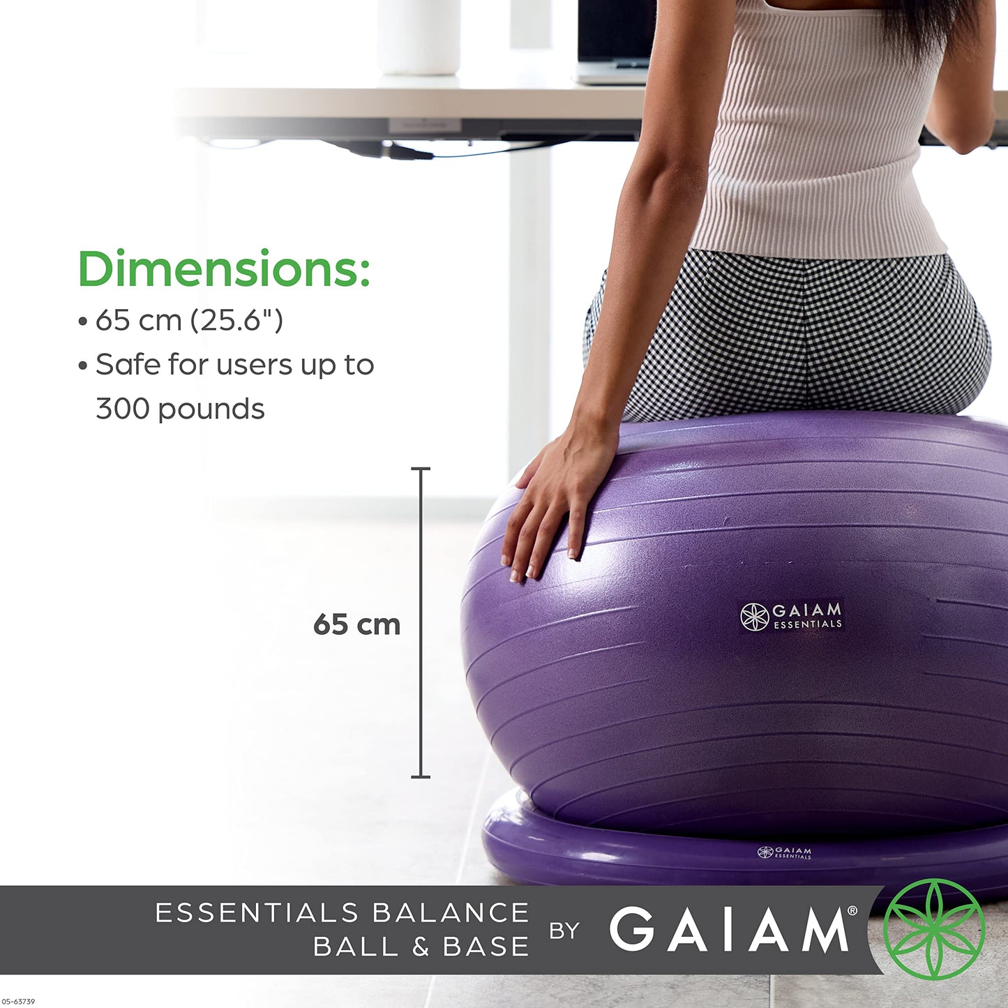 Gaiam Essentials Balance Ball & Base Kit, 65cm Yoga Ball Chair, Exercise Ball with Inflatable Ring Base for Home or Office Desk, Includes Air Pump, Black