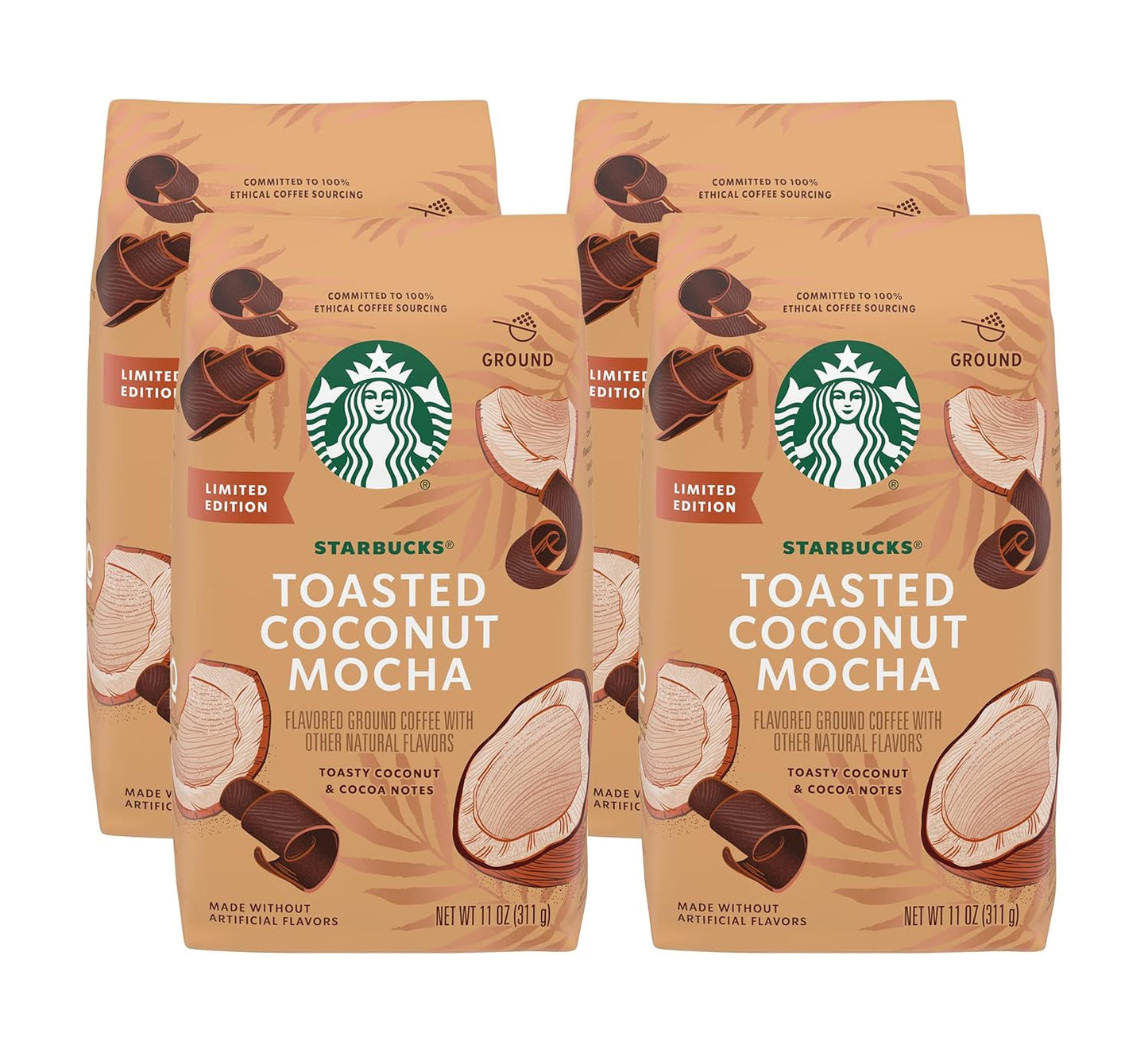 Starbucks Ground Coffee - Toasted Coconut Mocha Flavor | 11 oz Pack of 4