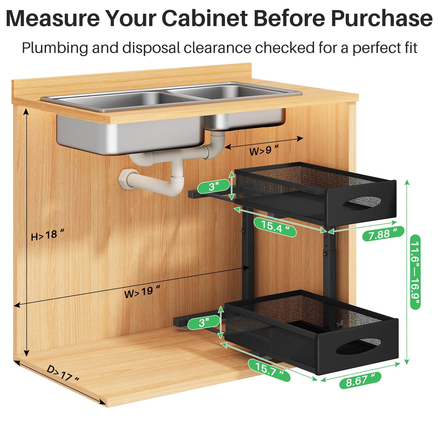 Under Sink Organizer, 2 Tier Pull out Cabinet Organizer Baskets with Mesh Sliding Drawers, Slide out Storage Shelf for Home, Kitchen, Bathroom, Pantry, Office Cabinet, Countertop(1 Pack)