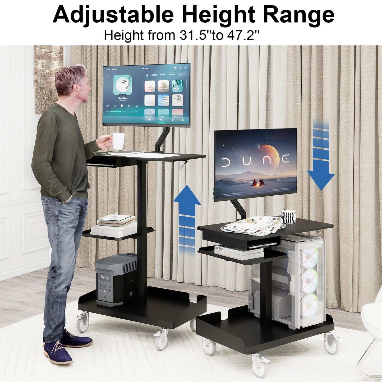 Natwind Mobile Workstation Cart with Monitor Mount,Height Adjustable Rolling Computer Cart, Heavy-Duty Rolling Standing Desk with CPU Holder for Home Office, School,Warehouse, Medical（Black）