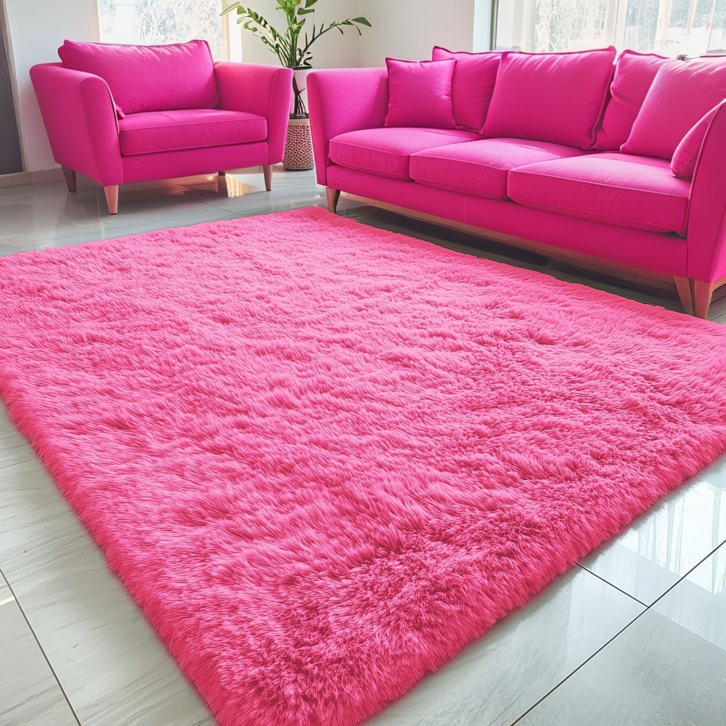 OLANLY Large Area Rug - Soft Fluffy Shaggy Carpet for Living Room & Bedroom | Machine Washable, Hot Pink