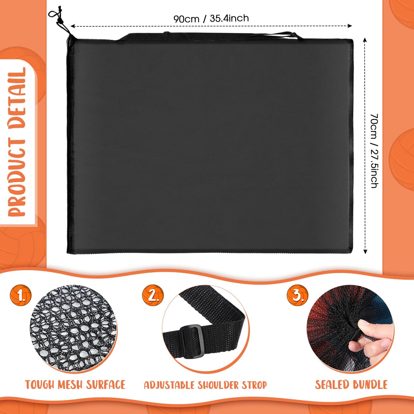 Woanger 3 Pcs Thickened Extra Large Sports Ball Bag Mesh Soccer Net Ball Bag Drawstring Bags Team Work for Holding Basketball, Volleyball, Baseball with Shoulder Strap, 35.4 x 27.5 Inch(Black)