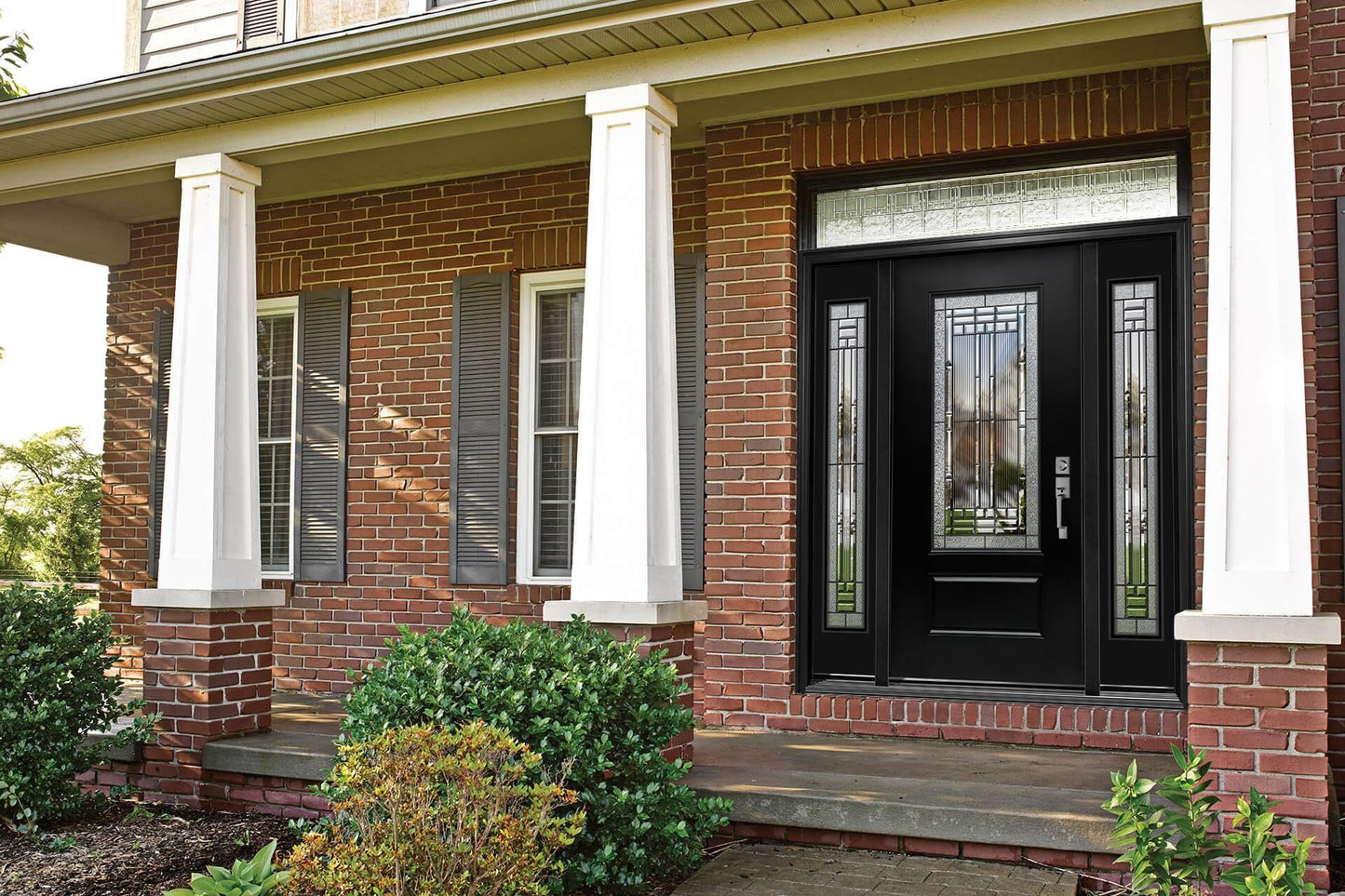 Fiberglass Front Door with Double Sidelights - 68" x 80", Single Exterior Entry Door with Decorative Glass and 14in Sidelights, Left Hand Inswing, Black Knock-Down Door, Brickmould and Jamb Included