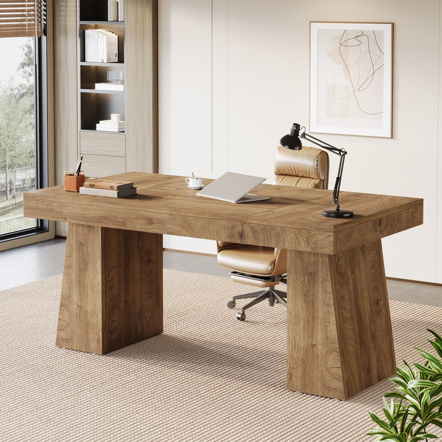 Tribesigns 55-Inch Executive Desk, Thick Wood Office Computer Desk with Double Pedestal, Modern Minimalist Workstations Writing Table Conference Table Furniture for Home Office, Brown