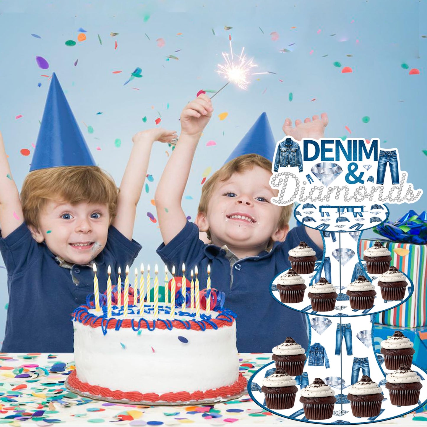 umoni Denim and Diamonds Cupcake Stand 3-Tier Denim Jean Cupcake Holder Denim Themed Party Dessert Tower for Crystal Diamonds Party Supplies