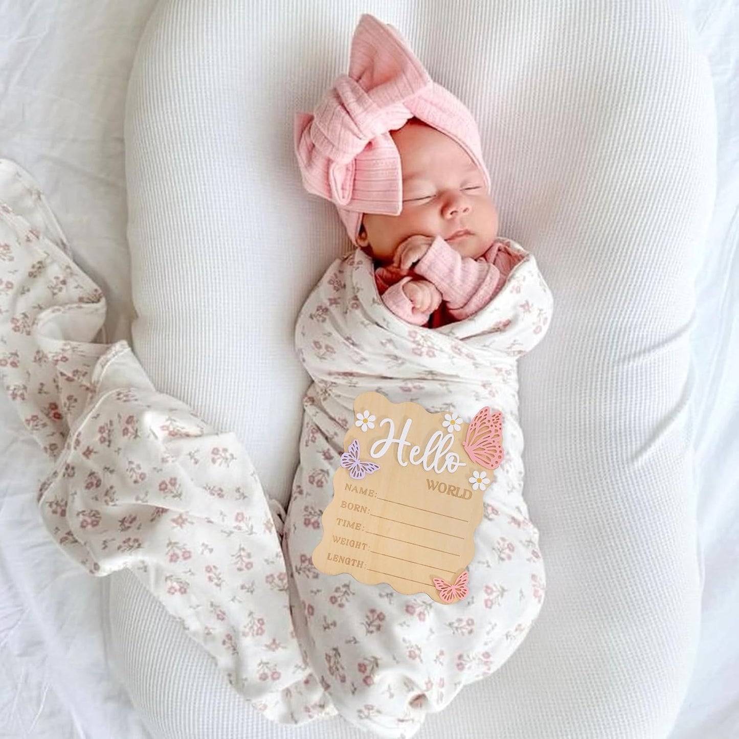 TERJIO Butterfly Daisy Hello World Board - Little Butterfly Birth Announcement Sign,Wooden Hello World Card