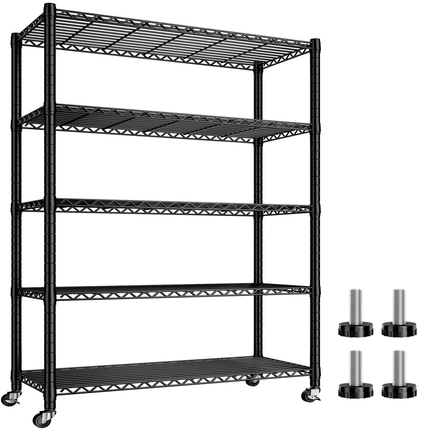 REIBII Storage Shelves Load 1980LBS,5 Tier Metal Shelving Unit with Wheels,Adjustable Wire Shelving Metal Storage Shelves Commercial Shelf for Garage Pantry Kitchen,76''HX36''WX16''D Black