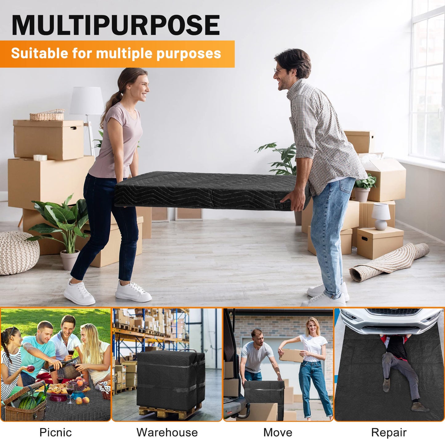 12 Moving Packing Blankets 80 x 72 Inches (65 lb/Dozen) Heavy Duty Moving Pads for Protecting Furniture Pro Quilted Shipping Furniture Pads (Black 12PCS)