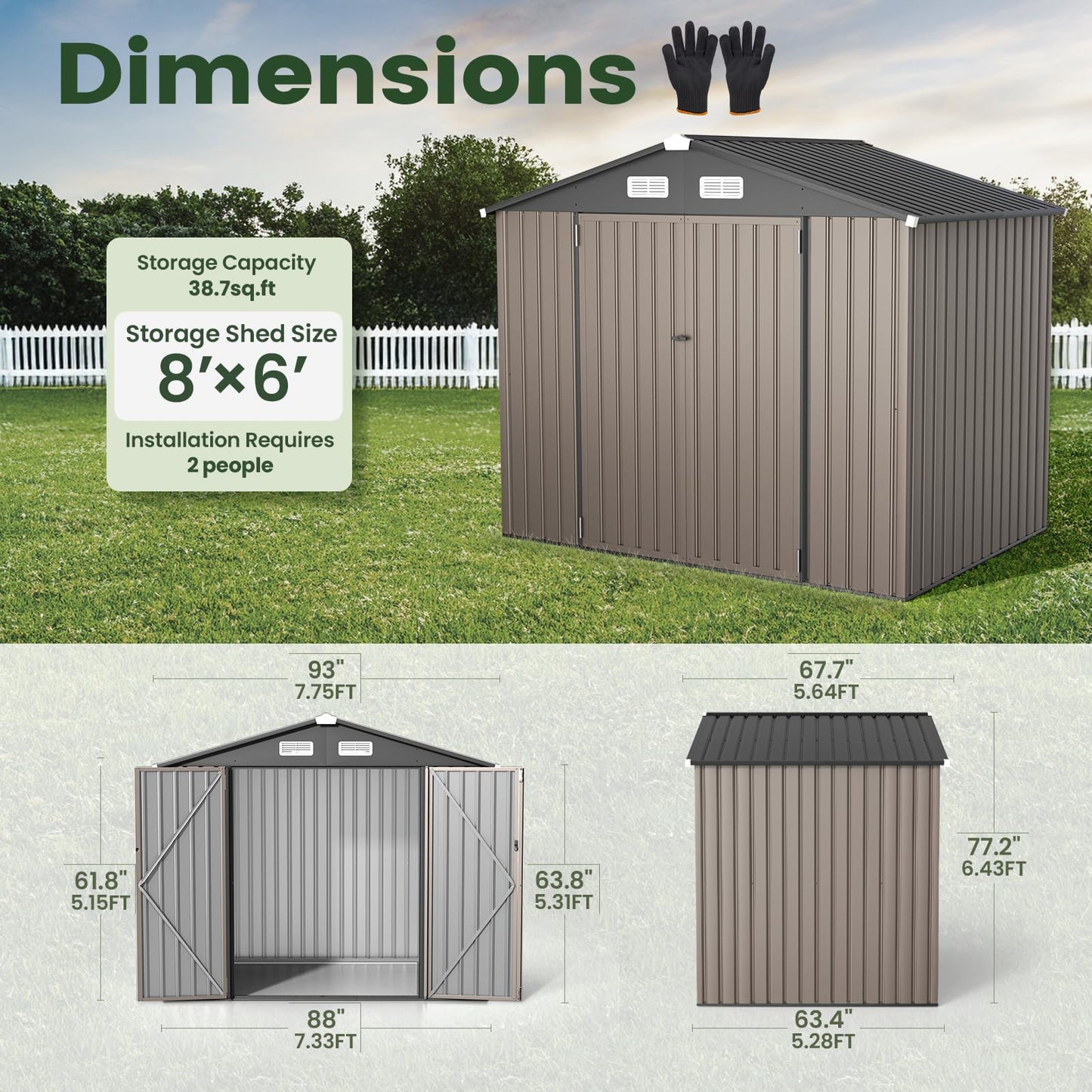 GVDV 8x6 FT Full Size Outdoor Metal Storage Shed, Durable Garden Shed with Reinforced Sidewall Girts & Updated Frame Structure, All-Weather Shelter for Backyard, Patio, Tool, Bike Storage (No Floor)