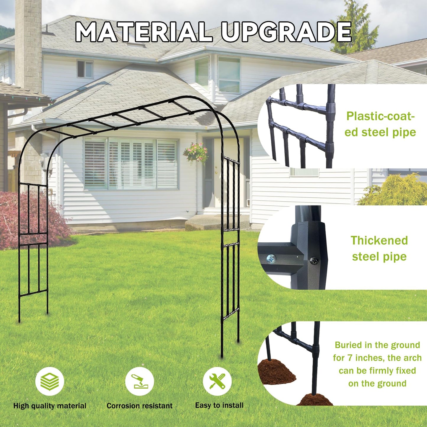 RUCOIN 25MM Thickened Steel Pipe Garden Arch Trellis – 126"(L) x 105"(H) Extra Heavy Duty Arbor, PE-Coated Rust-Proof Trellis for Climbing Plants Outdoor, Support for Roses, Ivy, Grapevine, Beans