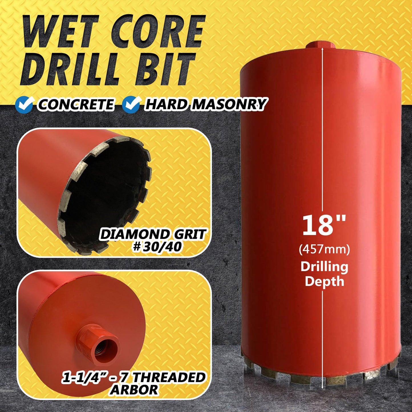 12" Wet Drill Core Bits for Concrete and Hard Masonry, 10mm Segment Height, 18" Drilling Depth, 1-1/4"-7 Arbor, Wet Only