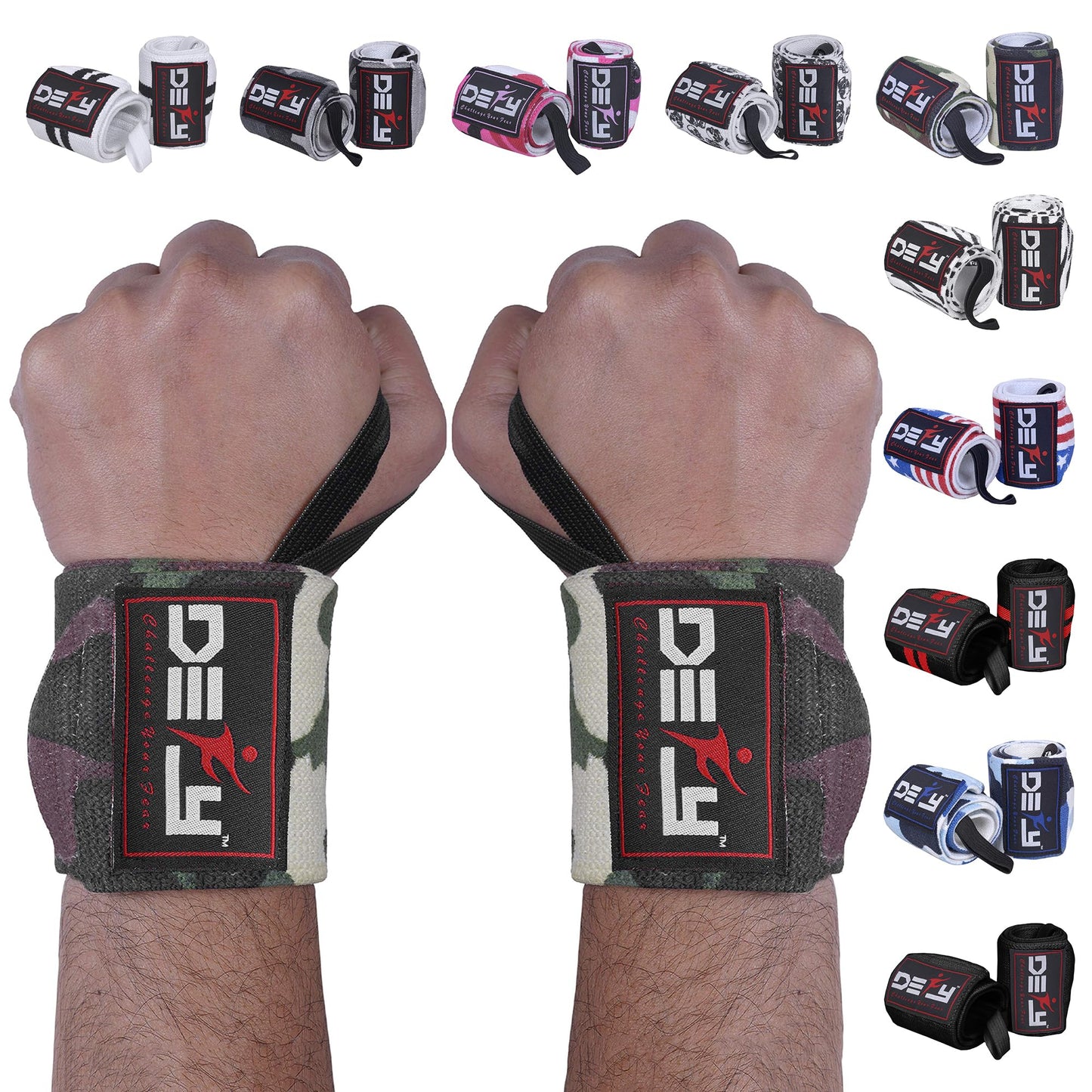 DEFY 18” Weightlifting Wrist Wraps – Professional Fitness Wrist Wraps for Men & Women with Thumb Loop - Wrist Support for Weightlifting, Strength Training, Powerlifting & Bodybuilding (Green Camo)