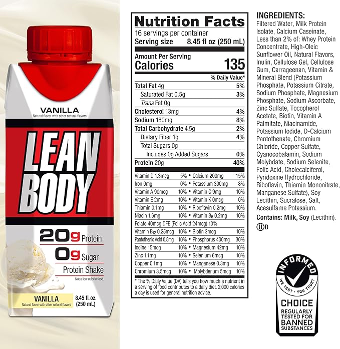 LABRADA Nutrition - Lean Body RTD Whey Protein Shake, Convenient On-The-Go Meal Replacement Shake for Men & Women, 20 Grams of Protein ??Zero Sugar, Lactose & Gluten Free, Vanilla (Pack of 16)