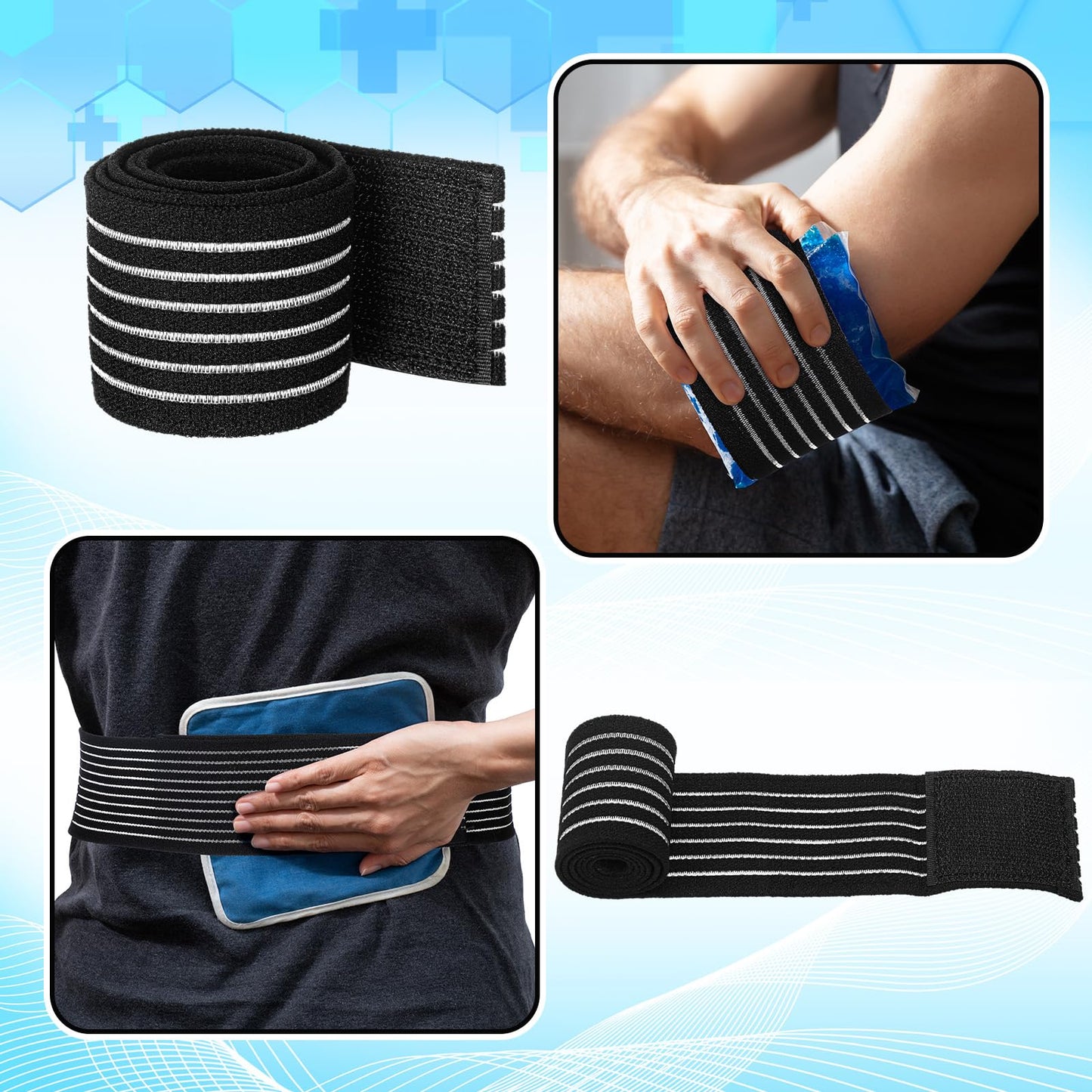 Geiserailie Ice Pack Strap Stretchable, 4 Size Elastic Reusable Ice Belt Extender, Adjustable Hook and Loop Extension Straps Add Length to Most Hot Cold Therapy(8 Pcs,Black)