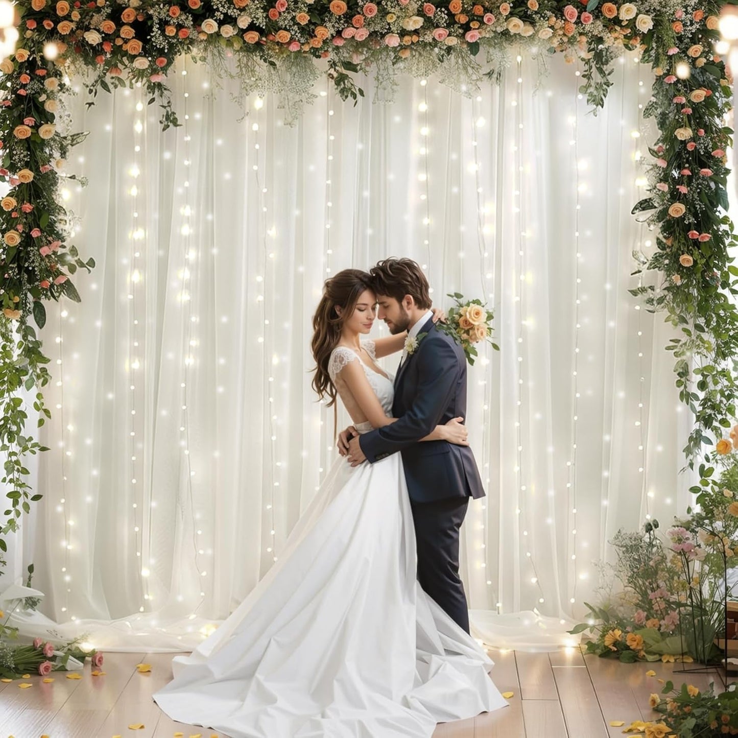 Shillance 10x10ft Cream White Chiffon Backdrop Curtain with Lights String for Wedding Sheer Tulle Curtain Photo